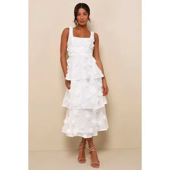 Lulus Exceptional Entrance White Sleeveless Tiered Rosette Midi Dress - Picture 1 of 3